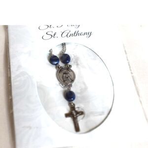 NIP St Anthony St Peregrine Pray For Us Silver Tone Chain Blue Beads Necklace